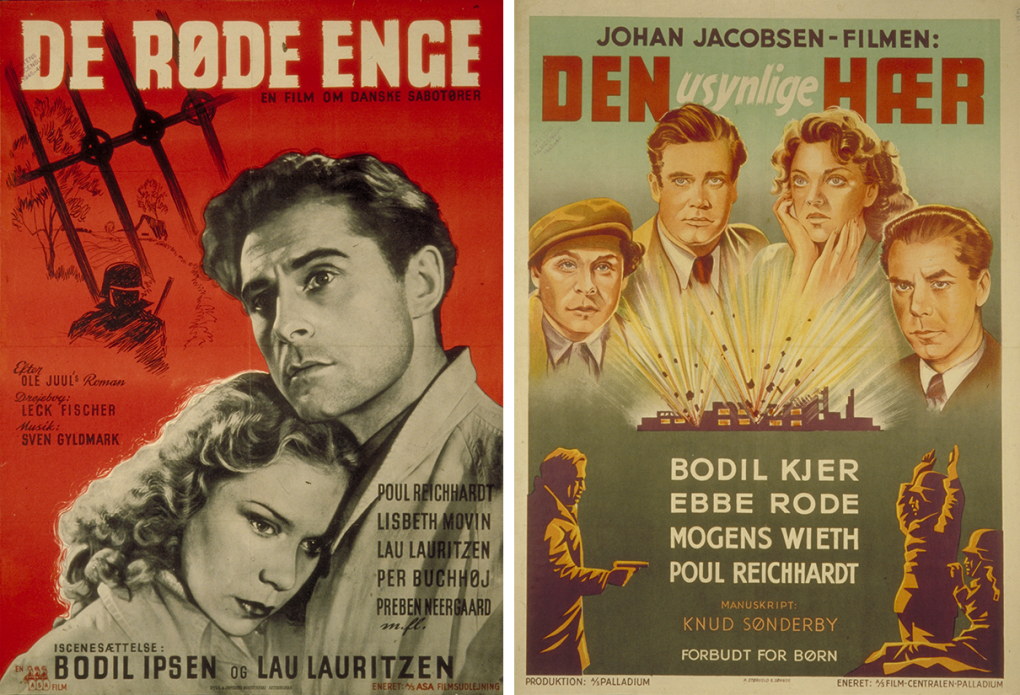 De røde Enge (The Red Meadows, Bodil Ipsen, Lau Lauritzen Jr., 1945) and Den usynlige Hær (The Invisible Army, Johan Jacobsen, 1945). Posters: Danish Film Institute.